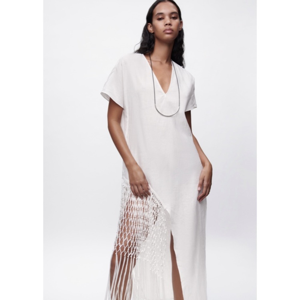 Like New Zara 100% Linen Fringed Macrame White Dr… - image 3
